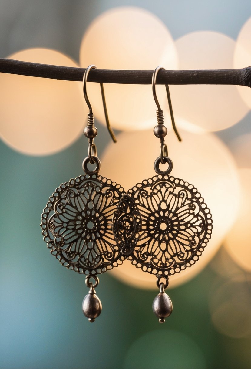 A pair of vintage-style filigree dangle earrings suspended from a delicate hook, with intricate details and a round shape, evoking a sense of elegance and romance