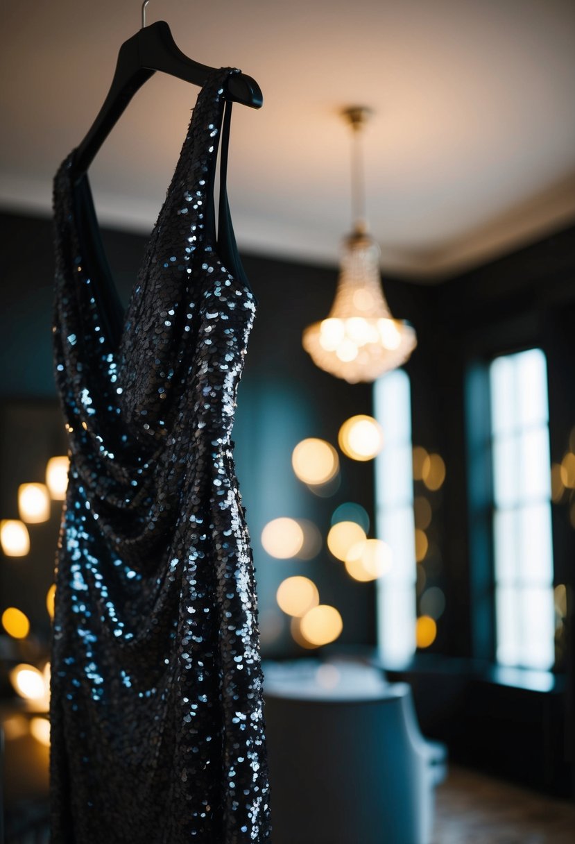 A sparkling black sequin dress hanging on a mannequin in a dimly lit room