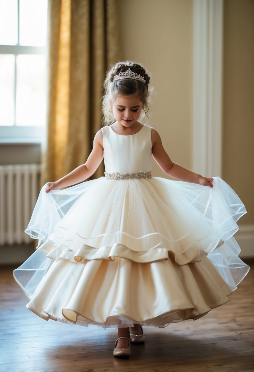 A young girl twirls in a satin and tulle layered dress, the fabric billowing around her, as she imagines herself as a princess at a wedding