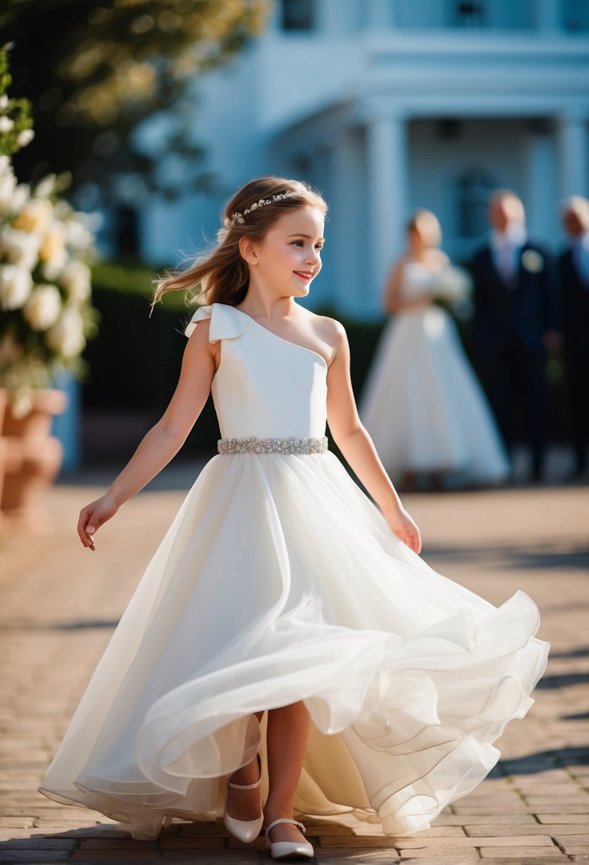 A young girl twirls in a chic one-shoulder dress, with a flowing skirt, at a wedding