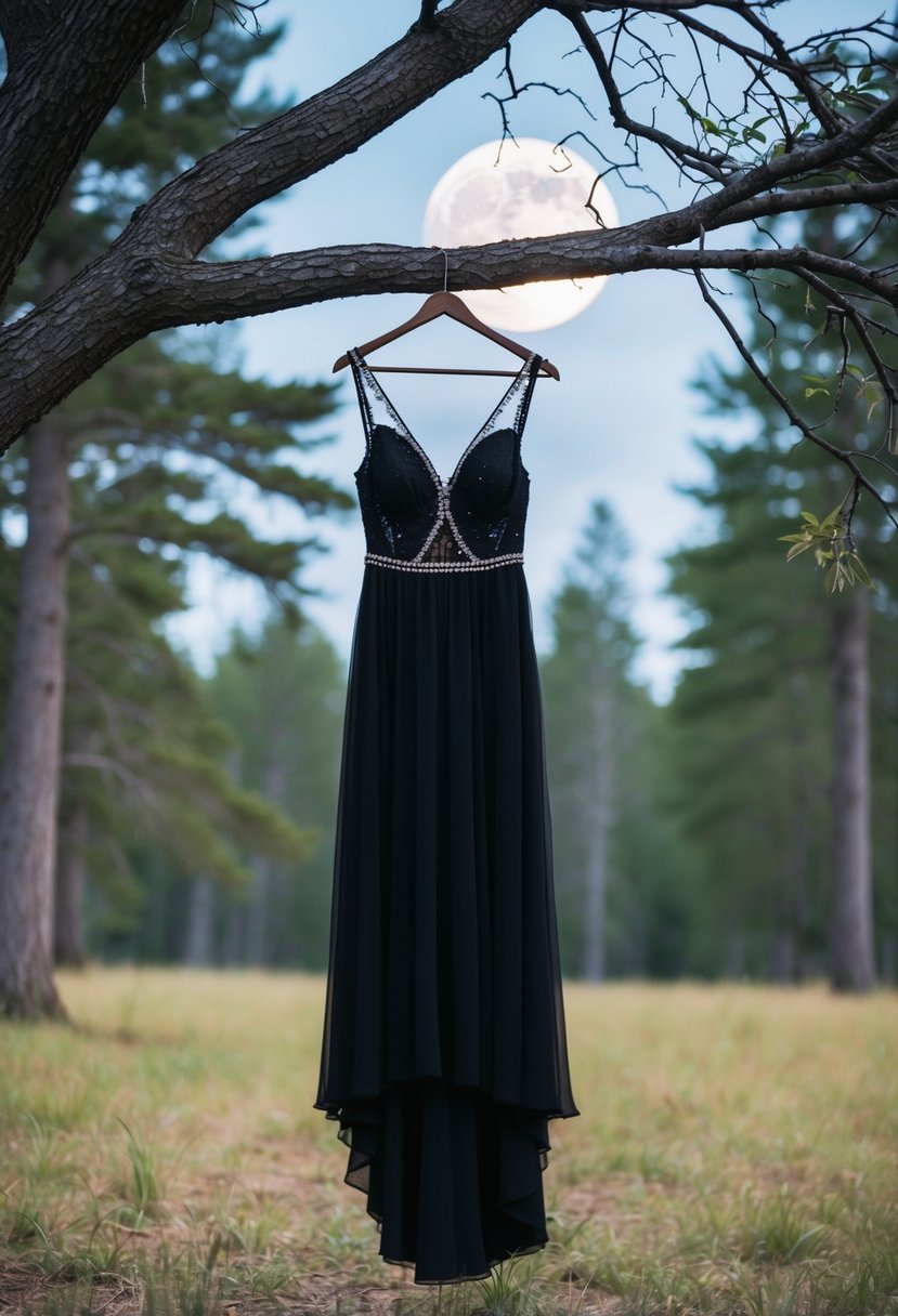 A bohemian black wedding dress hanging from a tree branch in a moonlit forest clearing