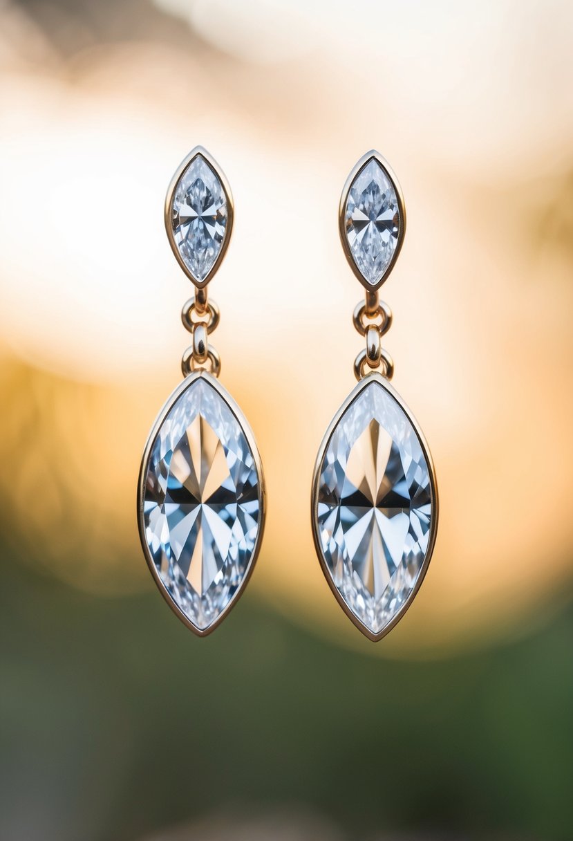 Two elegant marquise-cut diamond drop earrings floating in mid-air