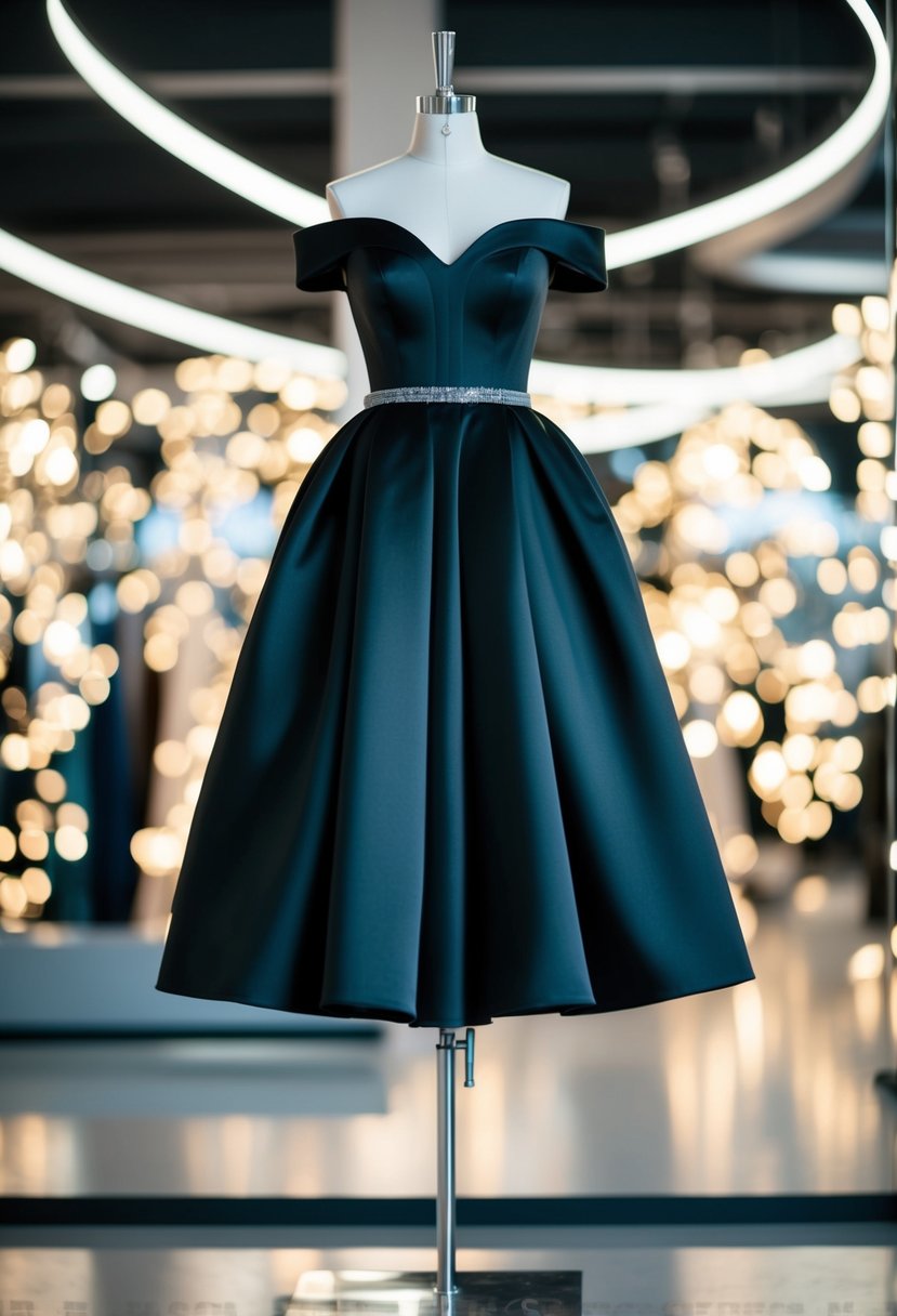 An off-the-shoulder black gown hanging on a sleek modern mannequin