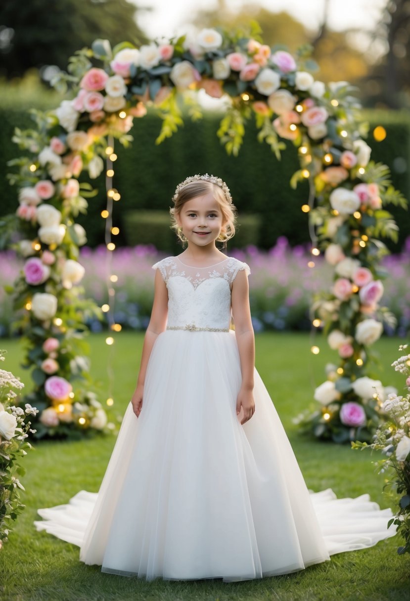 A whimsical garden setting with a blooming floral arch and twinkling fairy lights, showcasing a stunning cap-sleeve gown for a kids' wedding attire