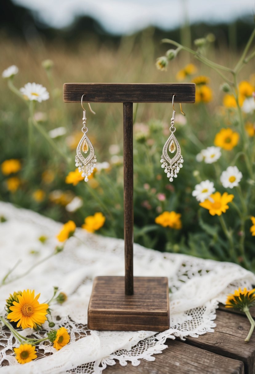 A bohemian bride's earrings dangle from a rustic wooden jewelry stand, surrounded by wildflowers and lace