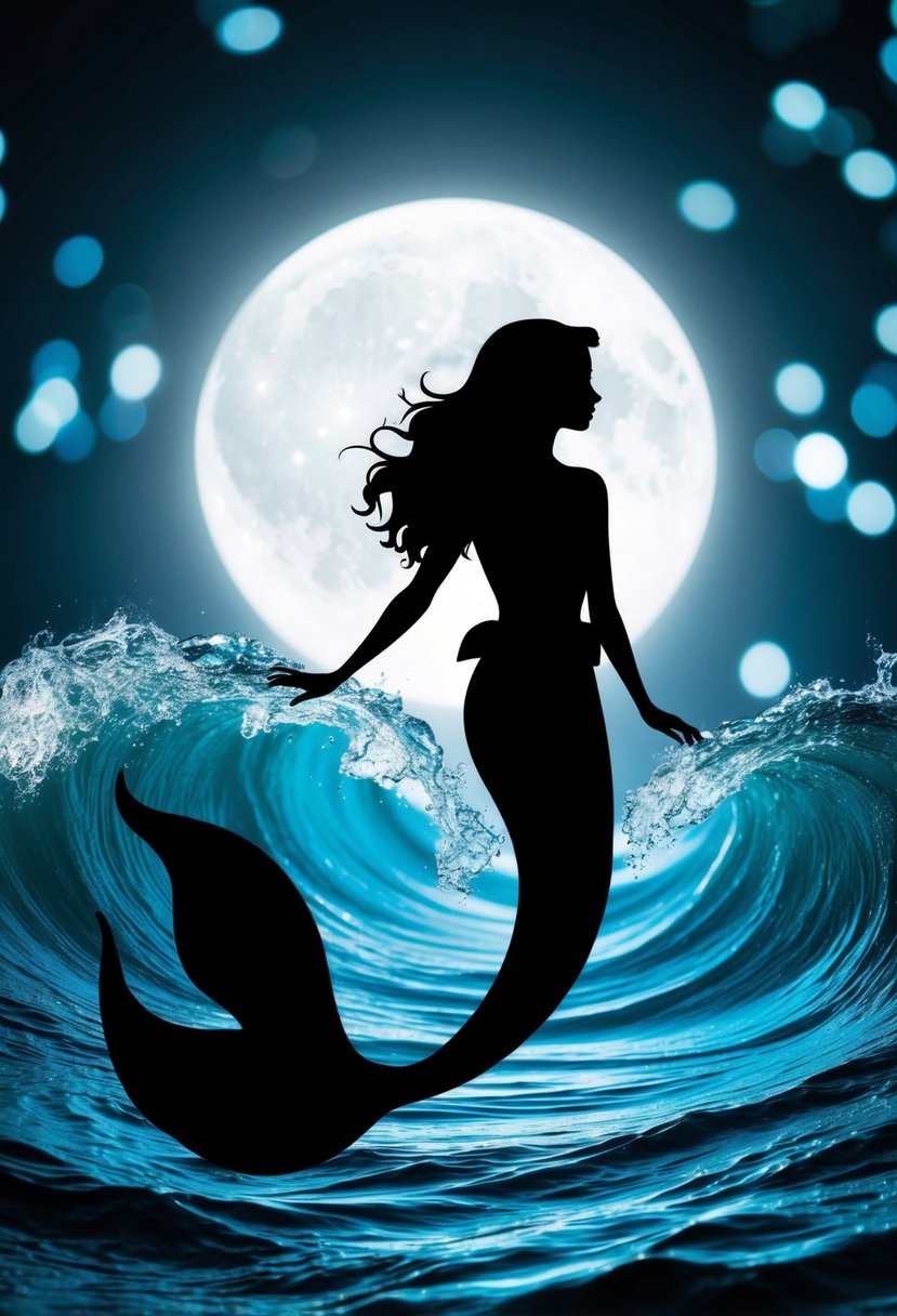 A mermaid silhouette in a flowing black dress, surrounded by swirling ocean waves and shimmering moonlight