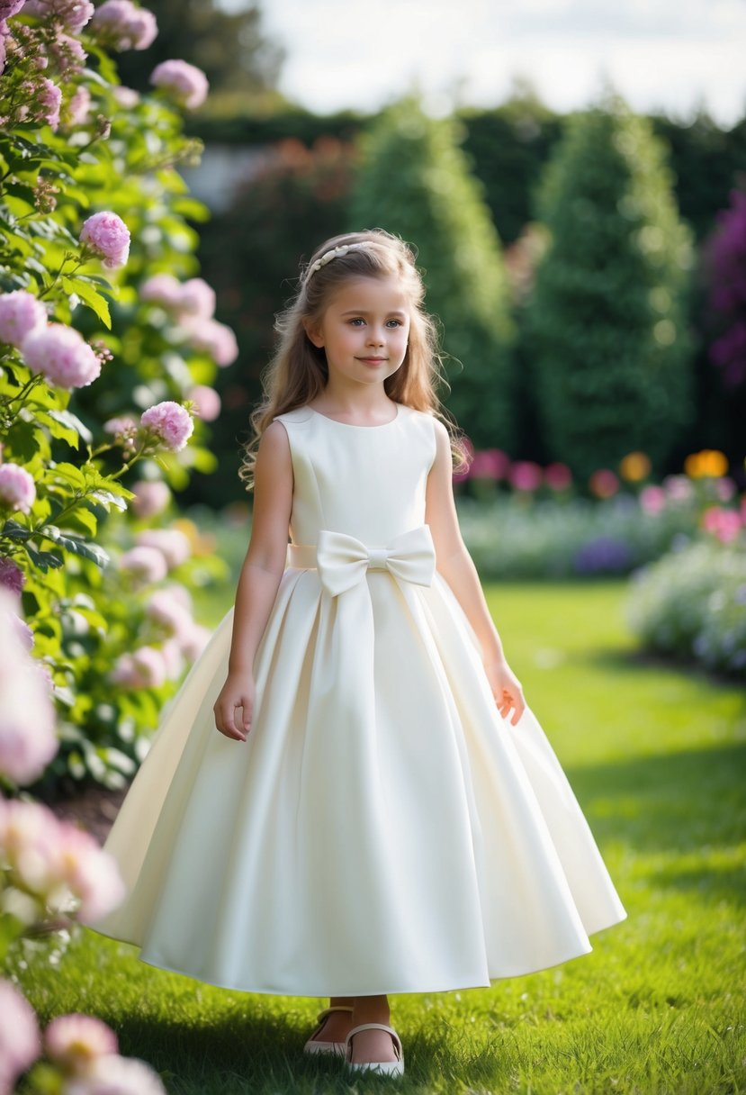 A young girl in an elegant bow-detail dress, standing in a garden surrounded by blooming flowers, with a soft breeze gently lifting her skirt