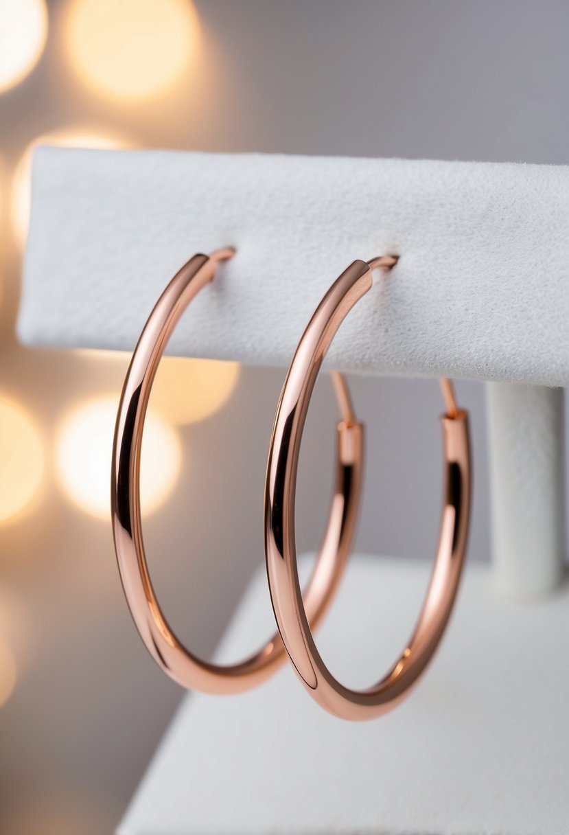 A pair of rose gold elongated hoop earrings displayed on a white velvet background, with soft lighting to highlight their round, elegant shape