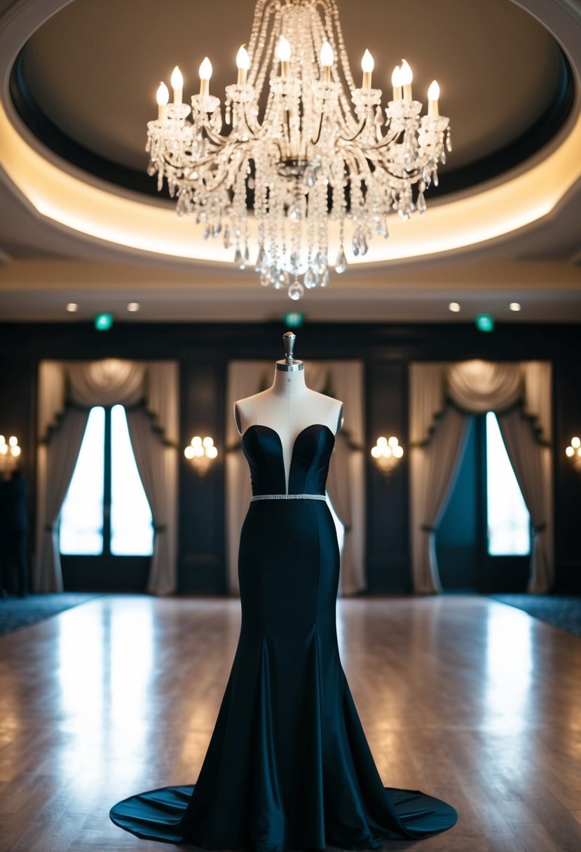 A grand ballroom with dim lighting, a chandelier casting a soft glow over a sleek, black wedding gown displayed on a mannequin