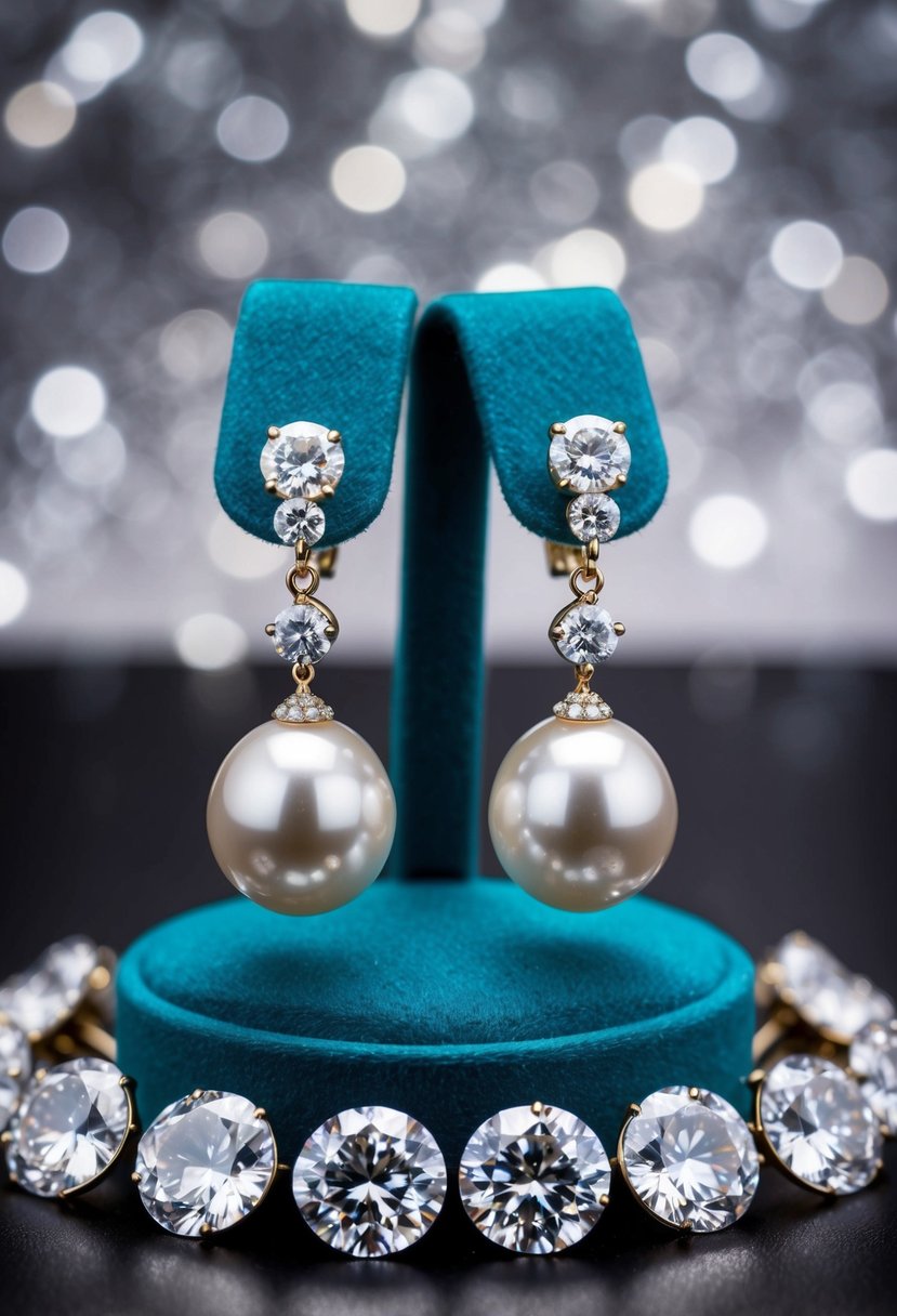 A pair of elegant pearl and diamond drop earrings displayed on a velvet cushion, surrounded by sparkling round-cut diamonds