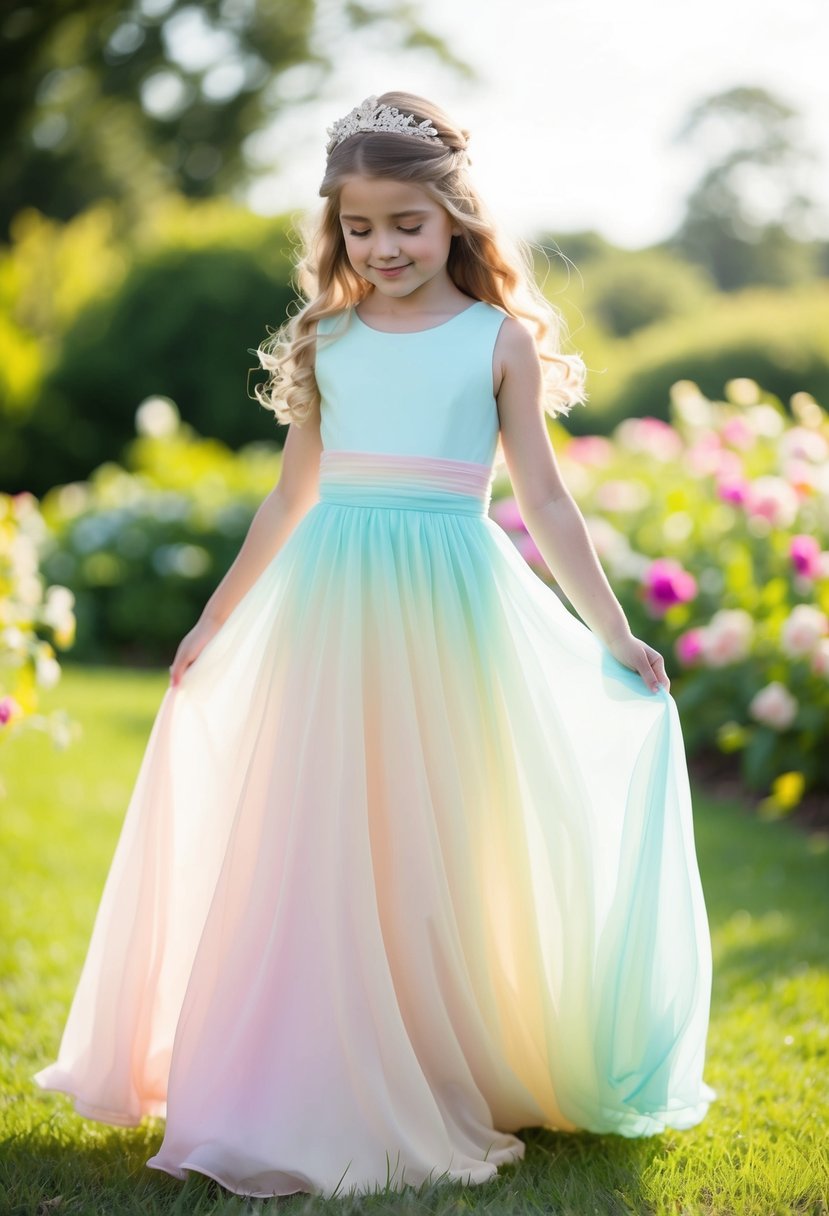 A young girl twirls in a pastel ombre maxi dress, surrounded by flowers and soft sunlight, imagining herself as a princess at a wedding