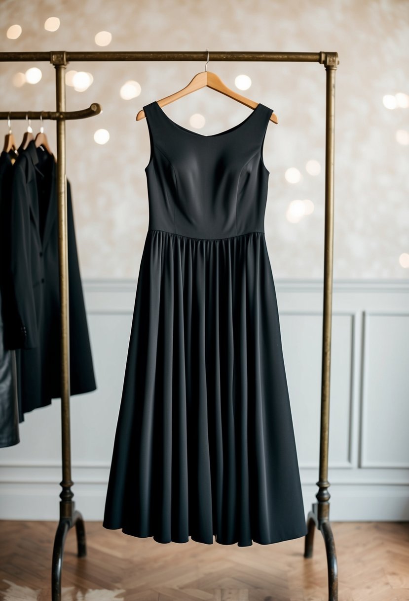 A flowing A-line black dress hanging on a vintage coat rack