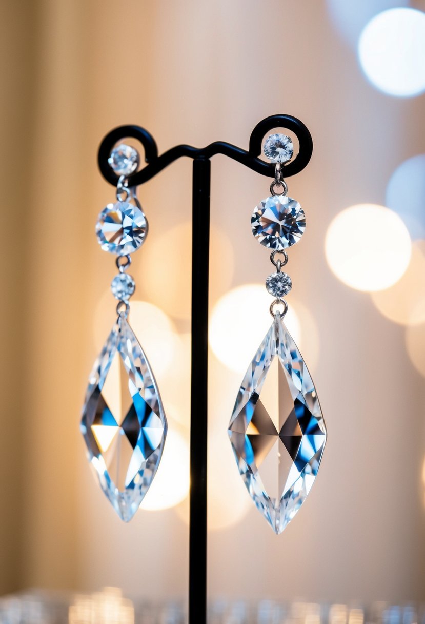 Sparkling crystal earrings dangle from a stand, casting shimmering reflections in soft light