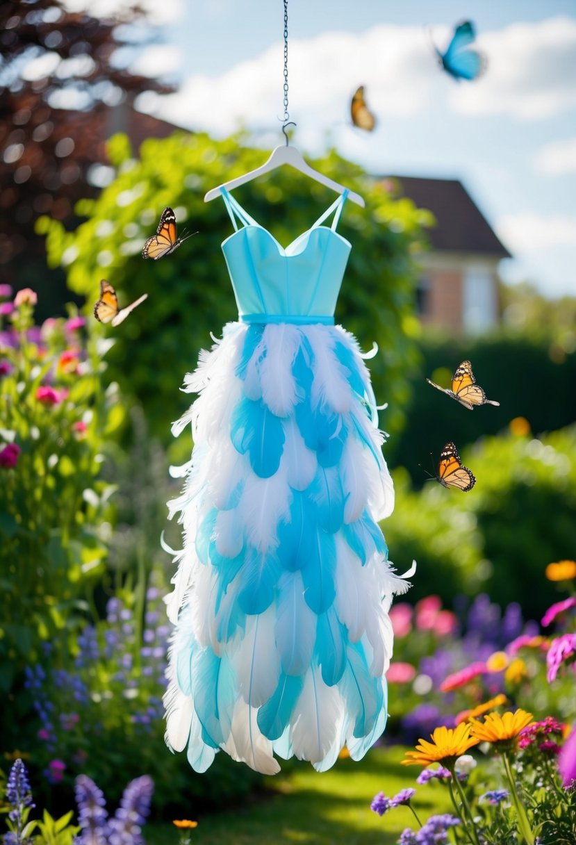 A whimsical feather-lined dress floats in a garden, surrounded by colorful flowers and butterflies