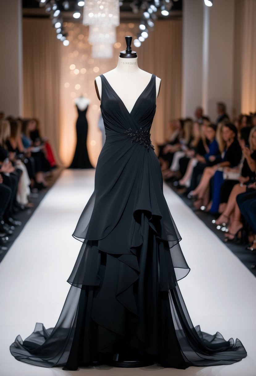 A flowing black gown with layers of chiffon and tulle, draped elegantly on a mannequin