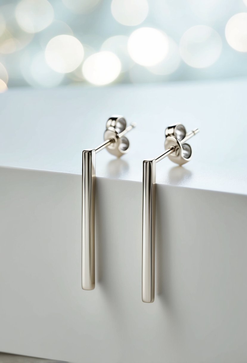 Two platinum bar drop earrings on a clean, modern surface with soft lighting