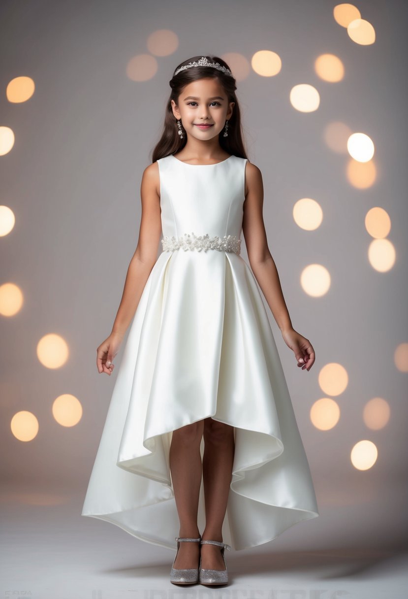 A modern asymmetric hem dress for kids 9-10, with a sleek and elegant design, perfect for a wedding