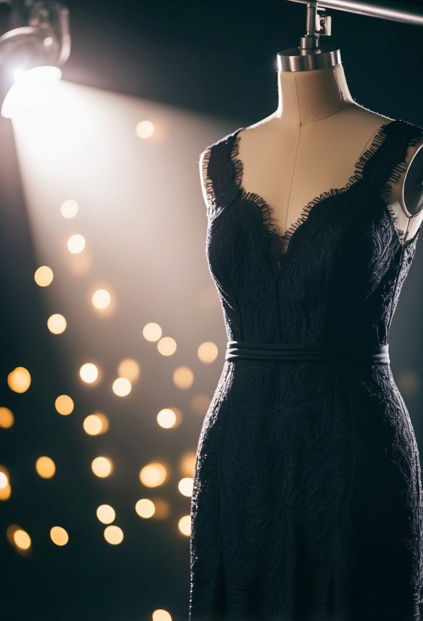 A lace-embossed black dress hangs on a mannequin, illuminated by soft spotlight, creating a dramatic and elegant ambiance