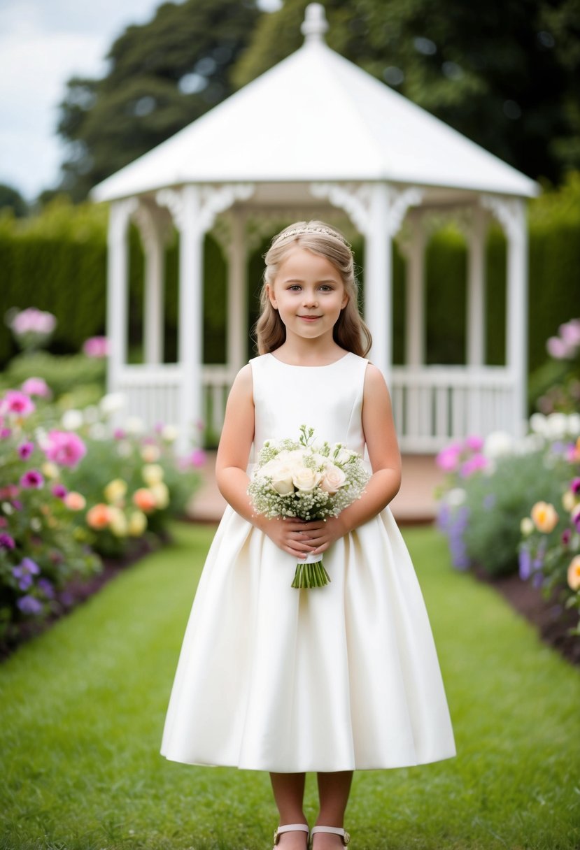 A young girl in a classic pearly white dress, standing in a garden with flowers, holding a bouquet, with a wedding gazebo in the background