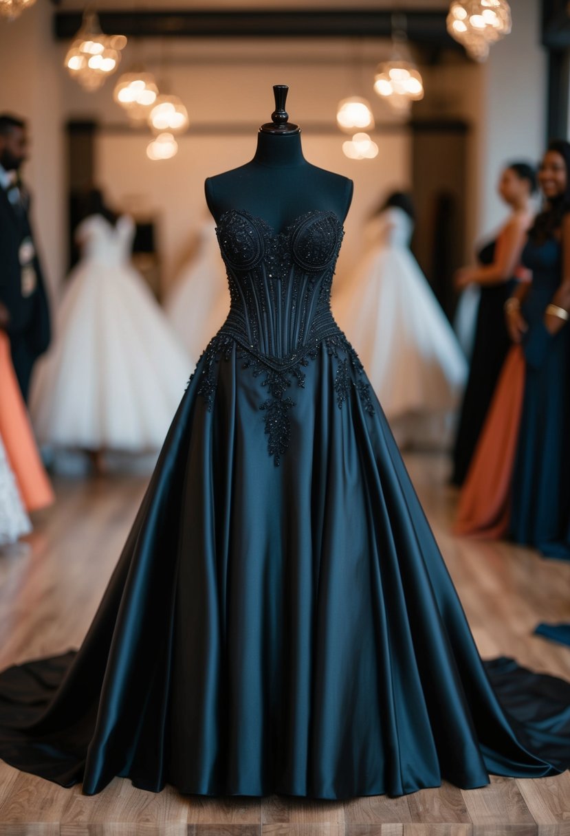 A black bridal gown with corset-style bodice and flowing skirt, adorned with intricate lace and beading