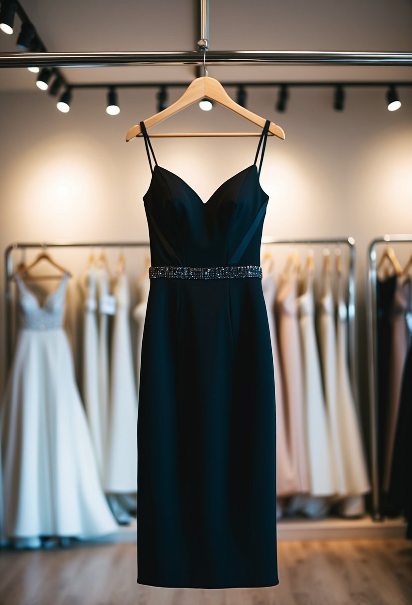 A short, flirty black dress hanging on a sleek mannequin in a dimly lit bridal boutique