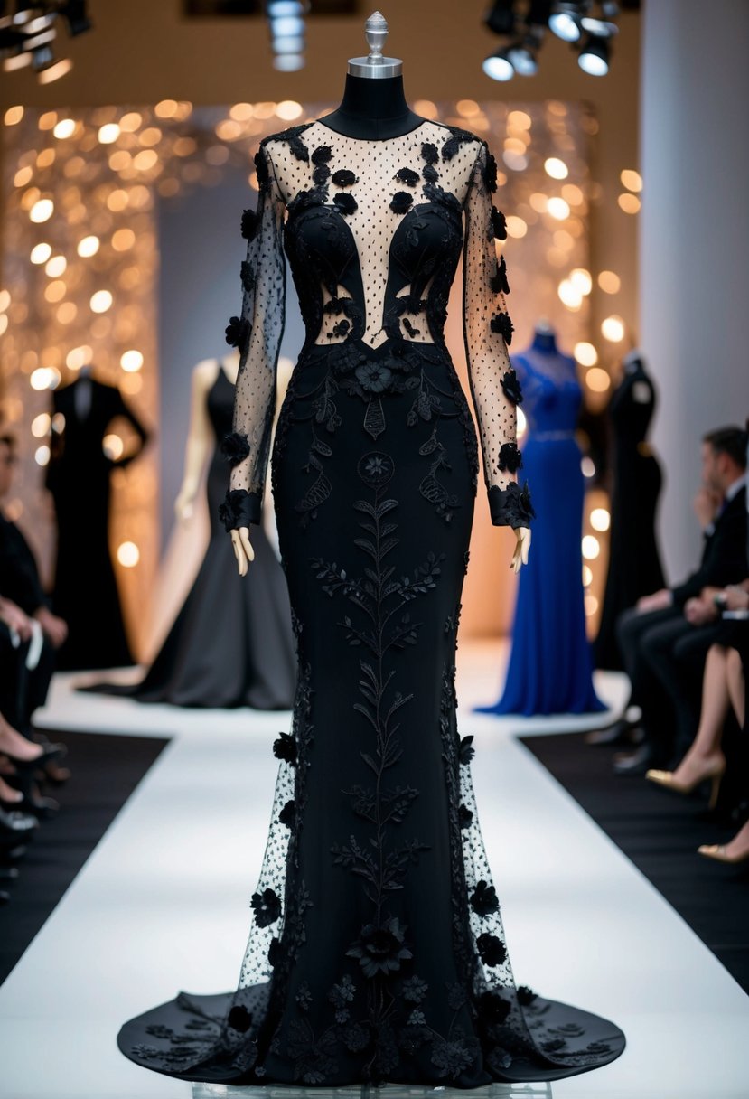 A sleek black gown adorned with intricate floral mesh designs cascades down a mannequin, exuding elegance and sophistication