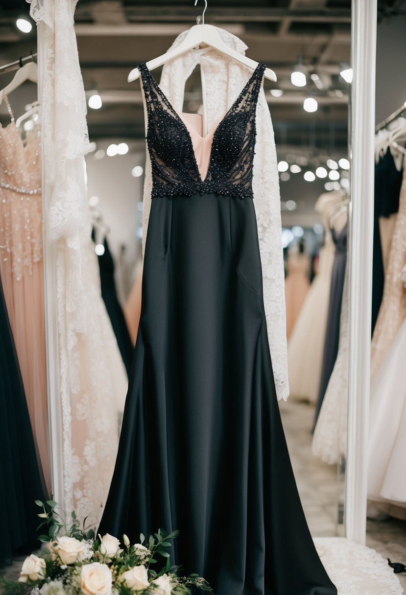 A sleek, v-neckline black bridal dress hangs on a mannequin, surrounded by elegant lace and beaded details