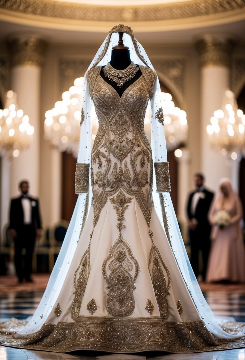 A lavish Arab wedding dress displayed on a mannequin, adorned with intricate beading and embroidery, in a grand ballroom