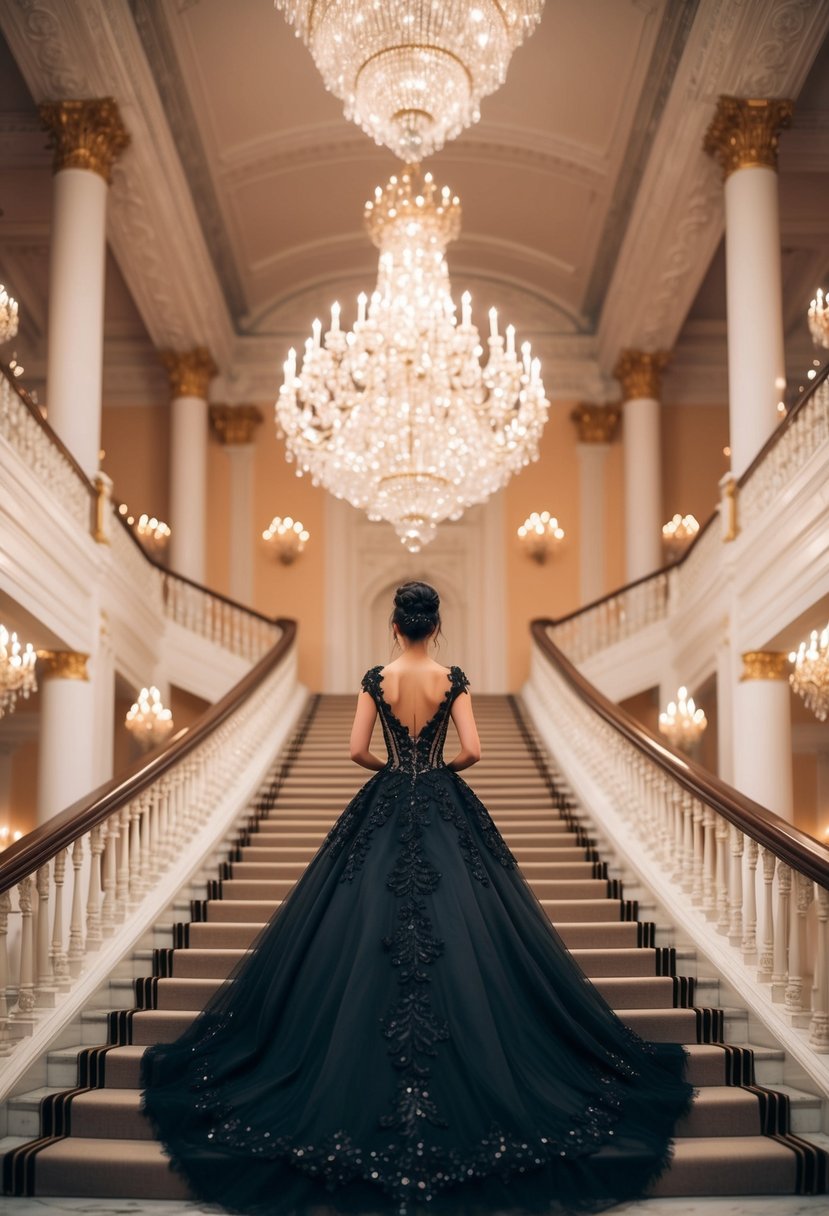 A grand ballroom with soaring ceilings, filled with flickering candlelight and opulent chandeliers. A regal black gown adorned with intricate lace and shimmering jewels cascades down a sweeping staircase