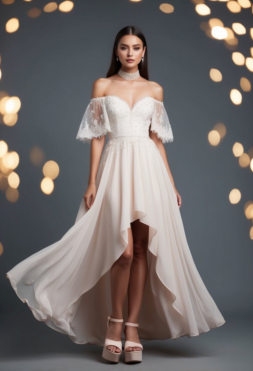 A flowing, off-the-shoulder gown with lace and pearl detailing, paired with a dainty choker and platform sandals