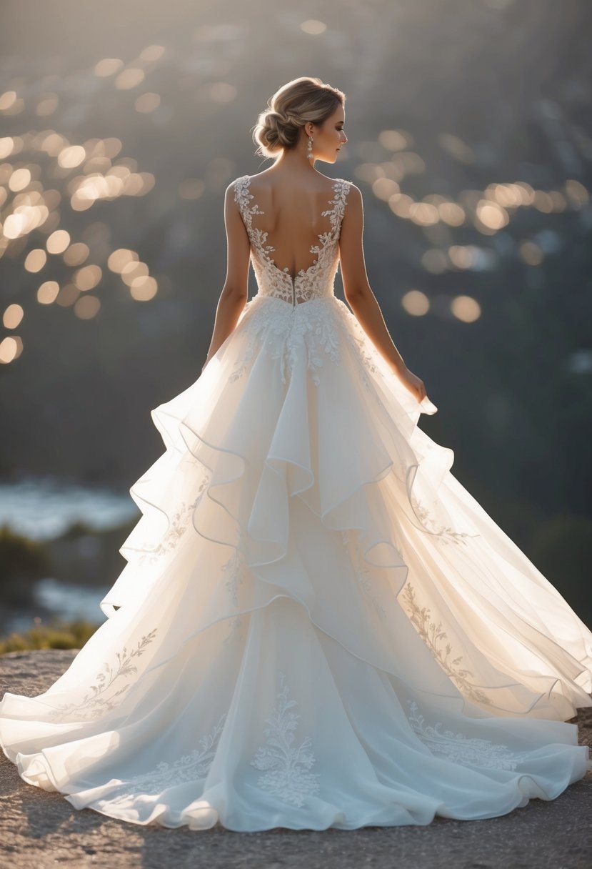 A flowing, layered chiffon wedding gown with delicate embroidery and a soft, ethereal feel