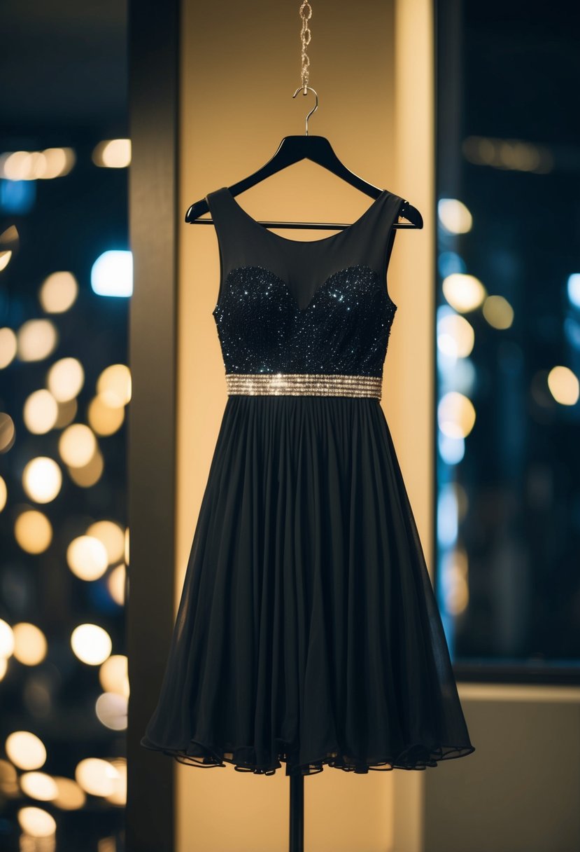 A black dress with glittery accents hangs on a mannequin in a dimly lit room