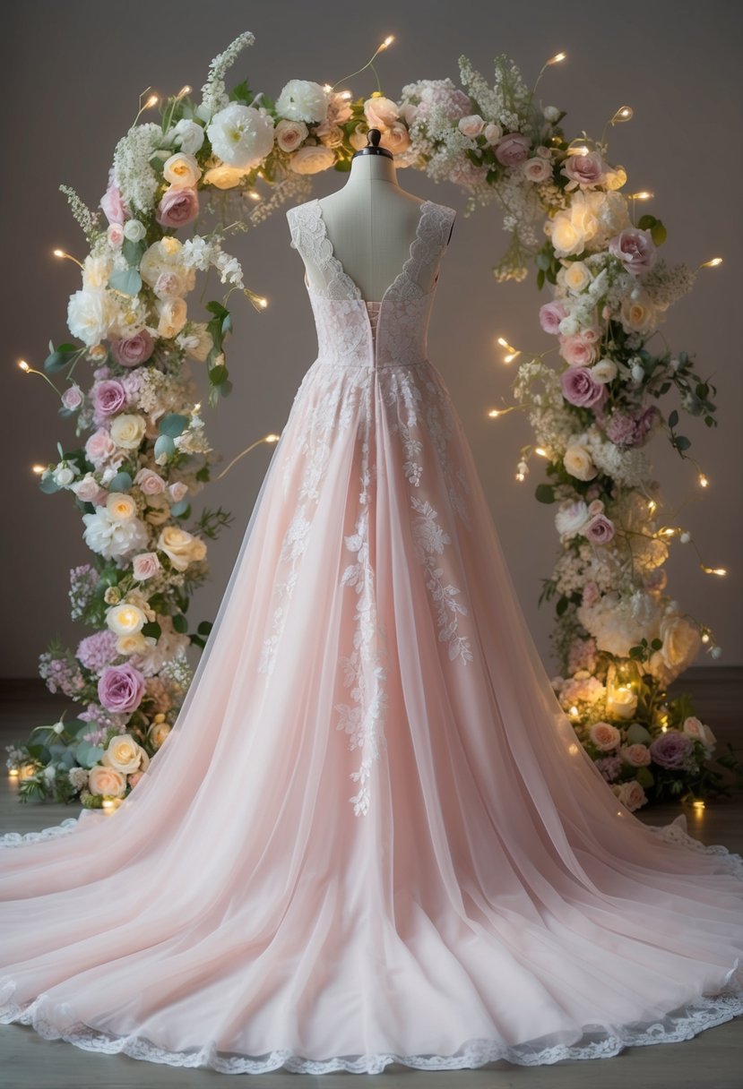 A flowing, pastel-colored wedding dress adorned with delicate lace, surrounded by whimsical floral arrangements and twinkling fairy lights