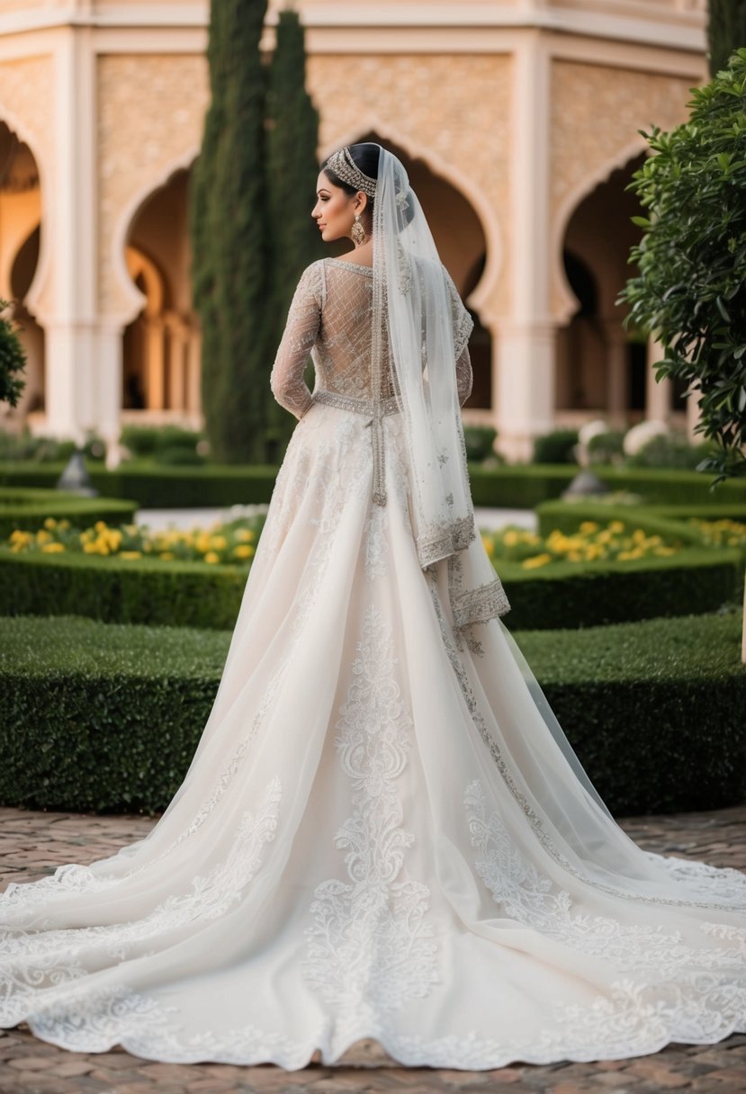 A regal Arab wedding dress with intricate lace, flowing train, and delicate beading, set against a backdrop of ornate architecture and lush gardens