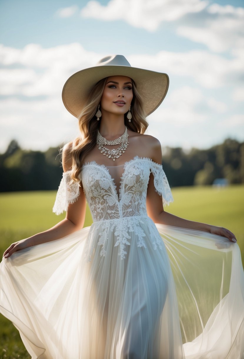 A flowing, off-the-shoulder wedding dress with lace details and floral embroidery, paired with a wide-brimmed hat and layered jewelry