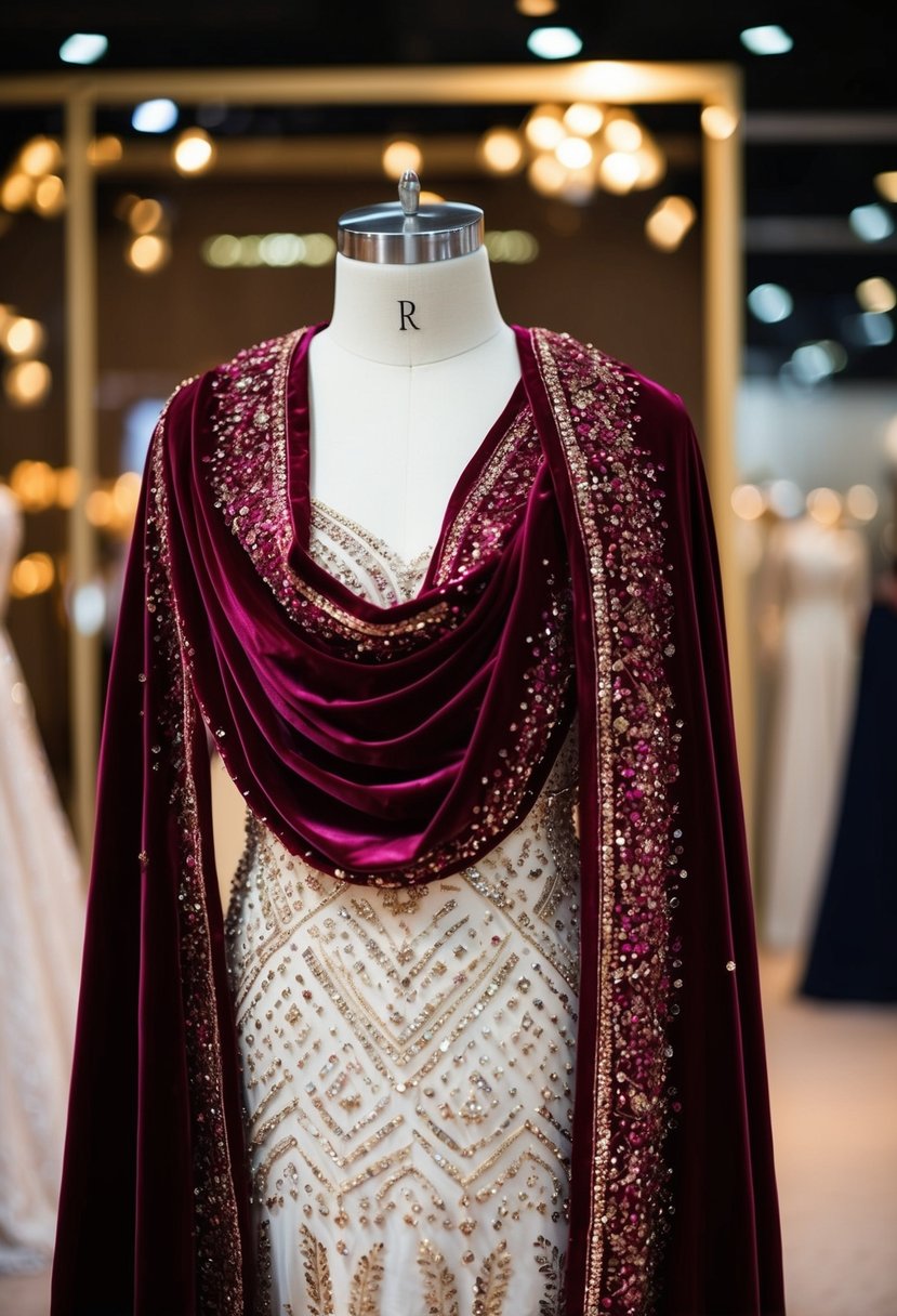 A velvet maroon dupatta with intricate sequin work draped over a mannequin in an elegant arabic wedding dress display