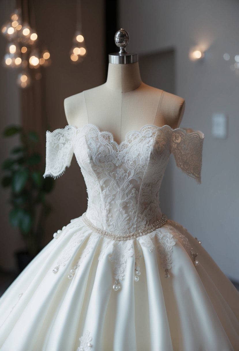 A lace-trimmed, off-the-shoulder wedding dress with a fitted bodice and a full, flowing skirt, accented with delicate pearl and crystal embellishments