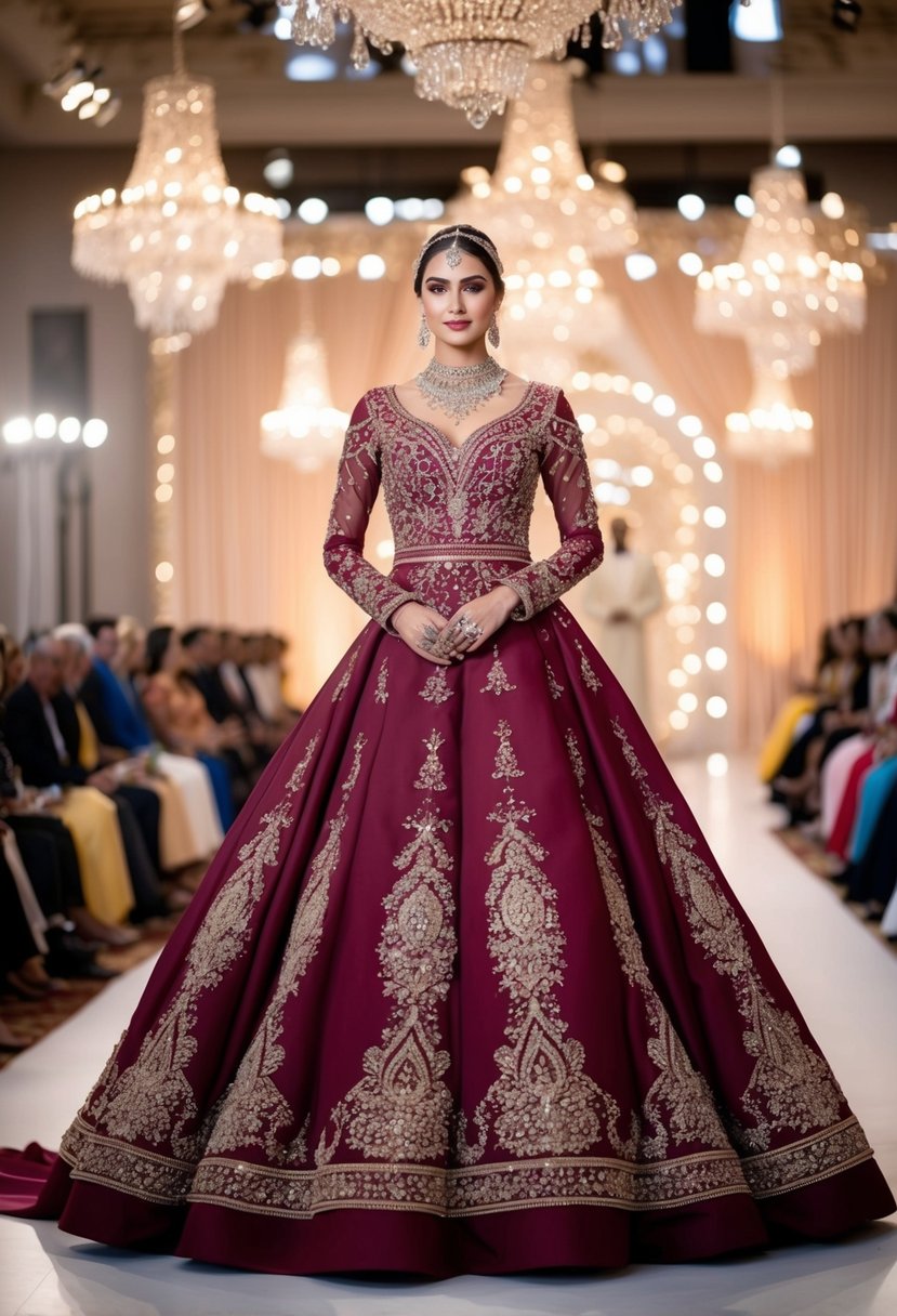 A regal long-sleeve ball gown in rich, flowing fabrics, adorned with intricate embroidery and delicate beading, inspired by traditional Arab wedding attire