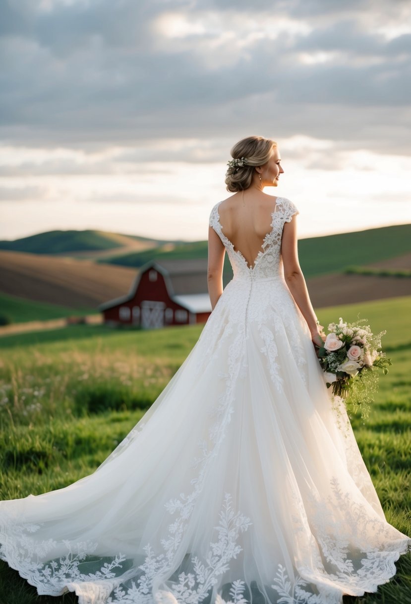 A flowing white lace wedding dress adorned with delicate floral details, set against a backdrop of rolling hills and a quaint country barn