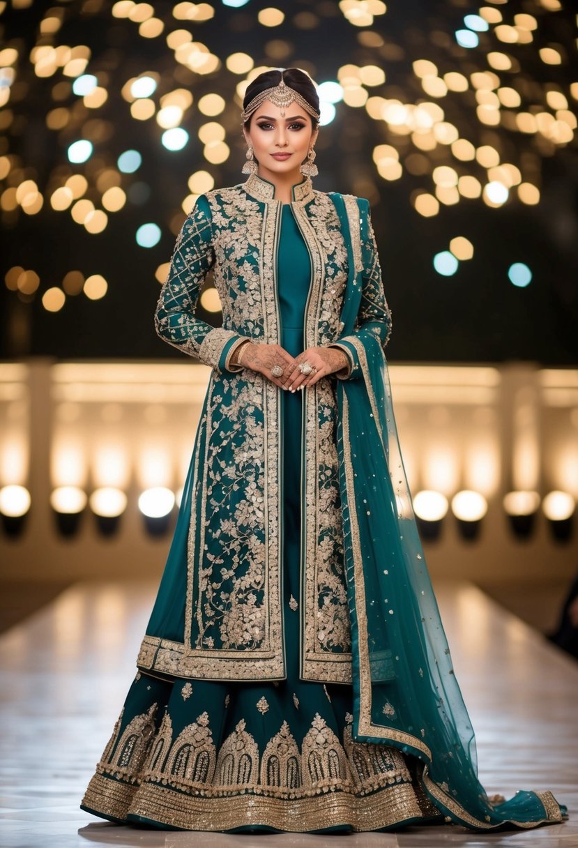 A regal Arabian wedding dress with a closed neck galaband coat and flared salwar, adorned with intricate embroidery and shimmering details