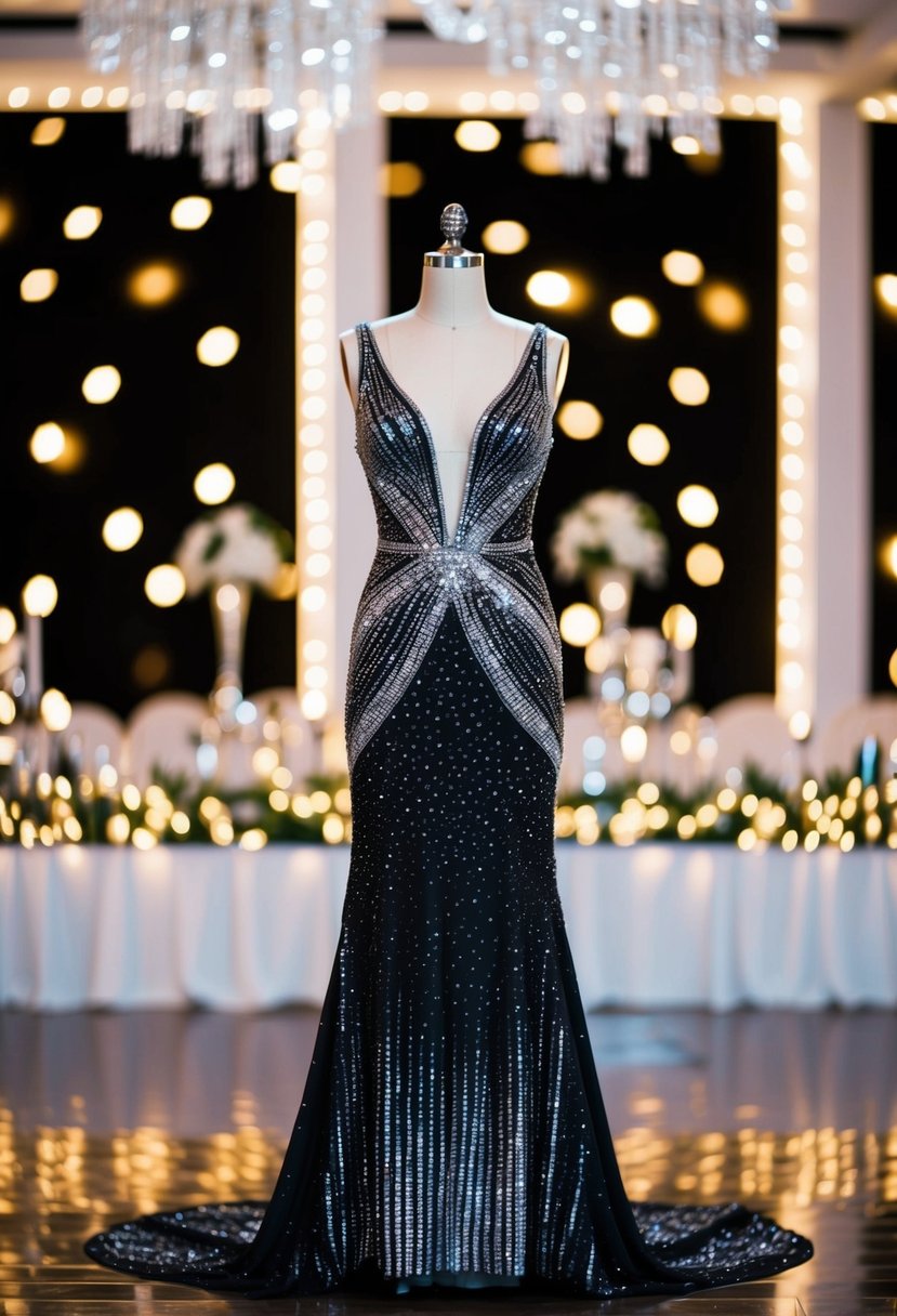 A sparkling 90s-inspired black-tie wedding dress with glamorous details and shimmering fabrics, set against a backdrop of twinkling lights and elegant decor