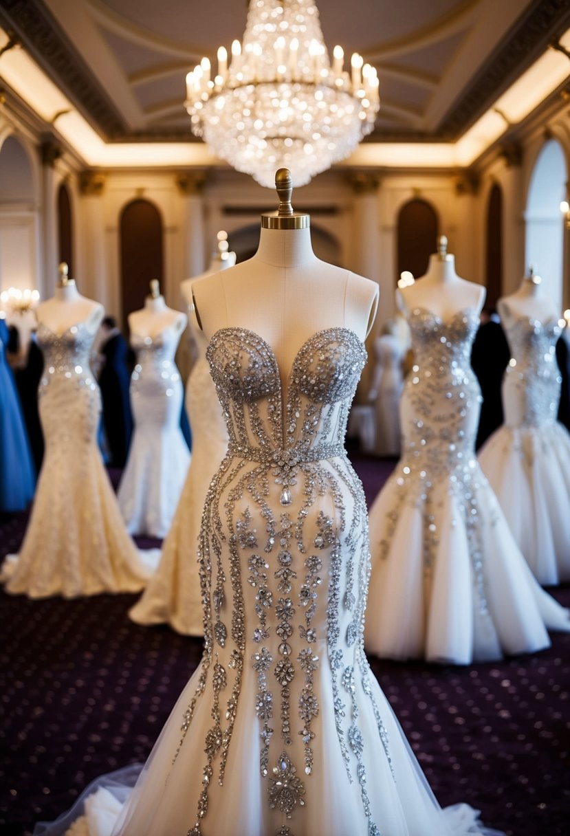 A grand ballroom filled with mannequins adorned in opulent crystal embellished wedding dresses