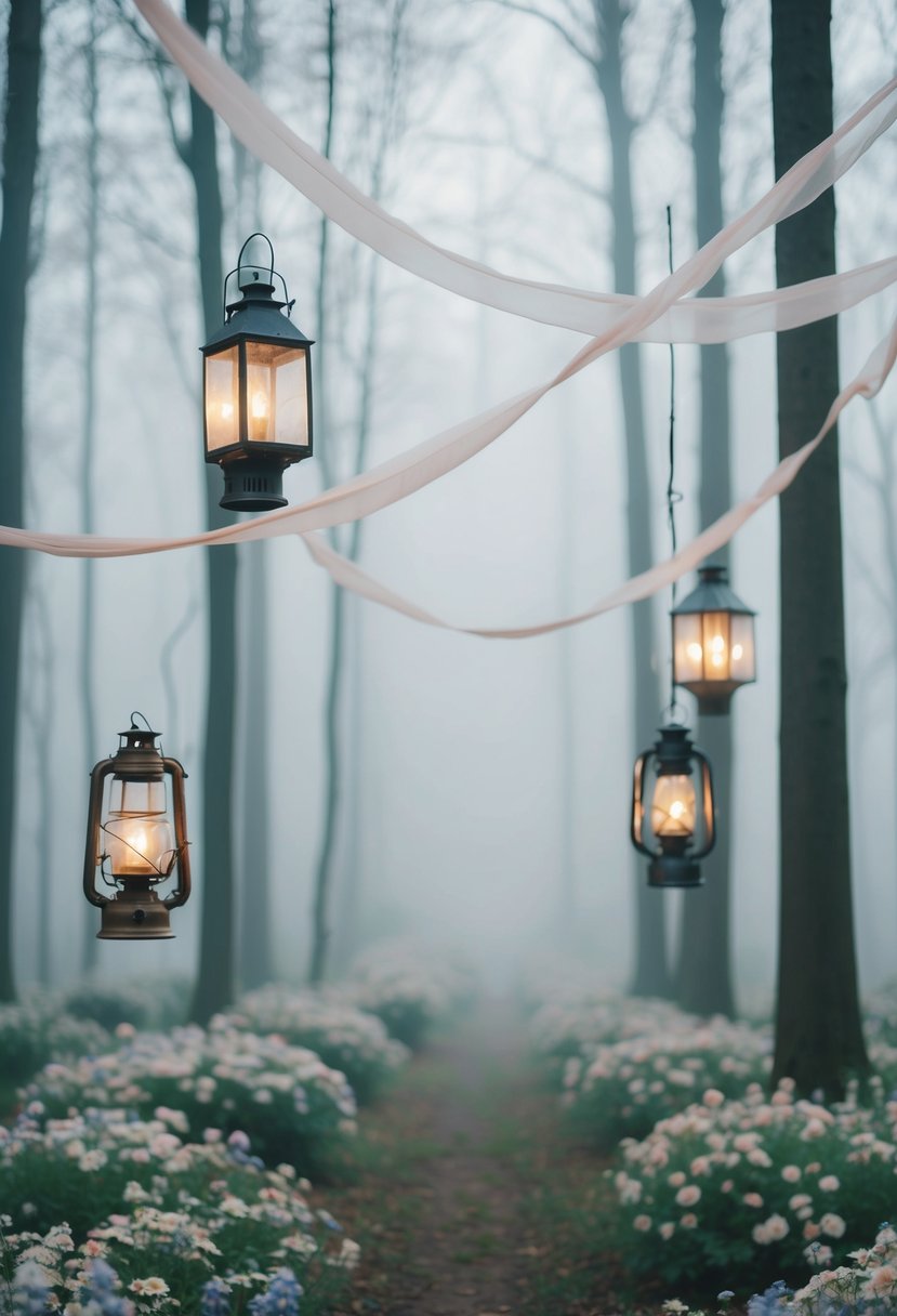 A misty forest with pastel flowers, vintage lanterns, and flowing ribbons in the air