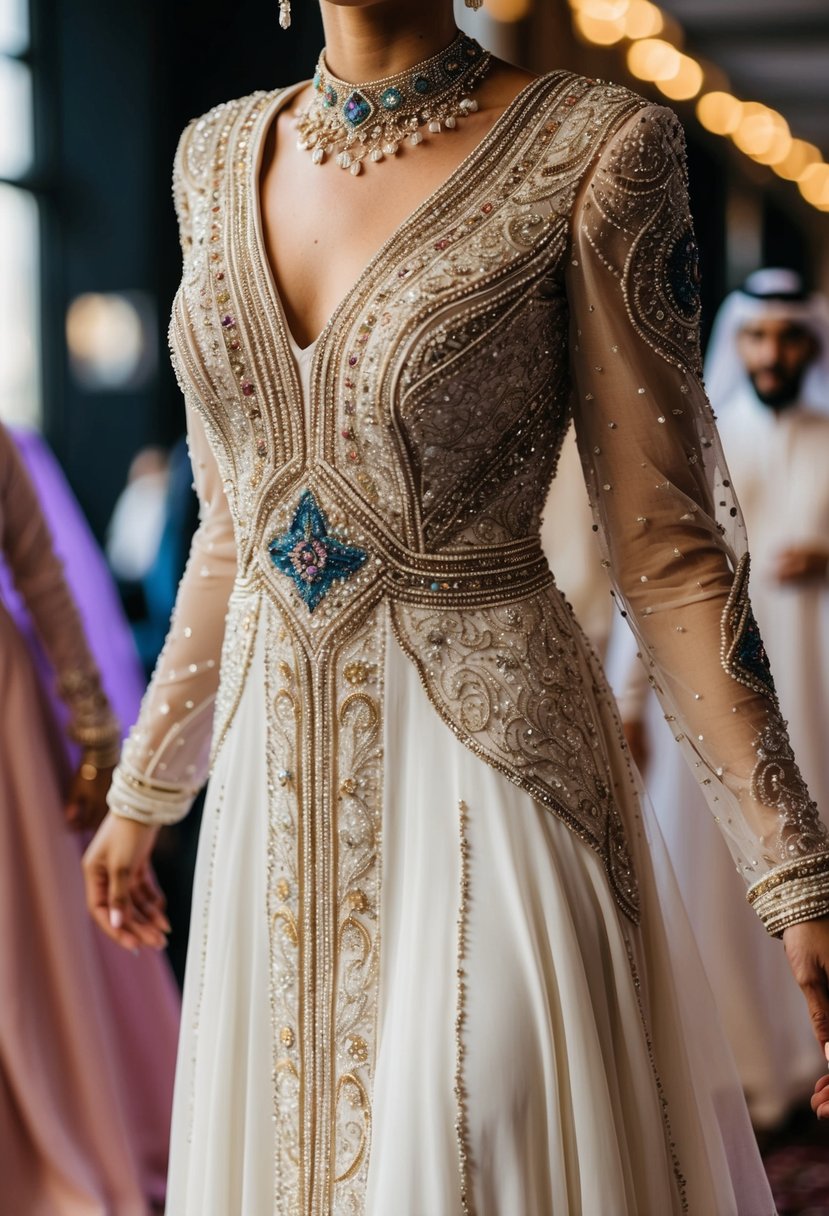 Intricate beadwork adorns a flowing Arab wedding dress, featuring delicate patterns and vibrant colors