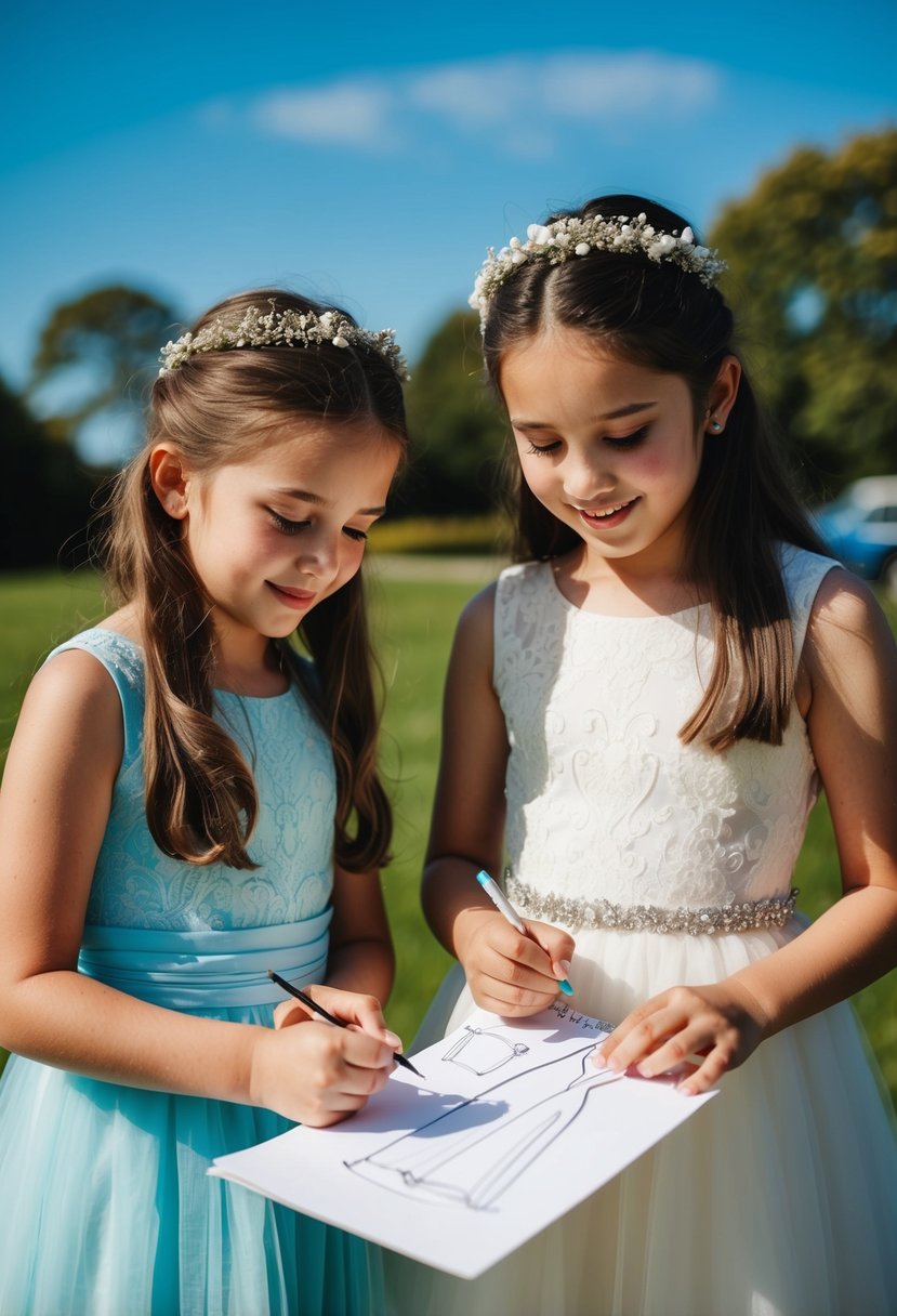 Two young girls sketching wedding dress ideas on a sunny day