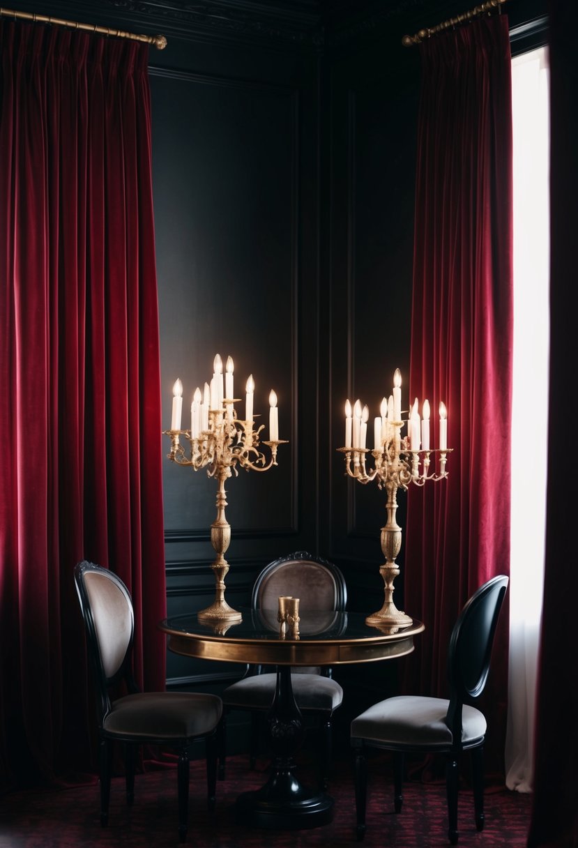 A dimly lit room with plush velvet curtains, vintage candelabras, and a deep red and black color scheme