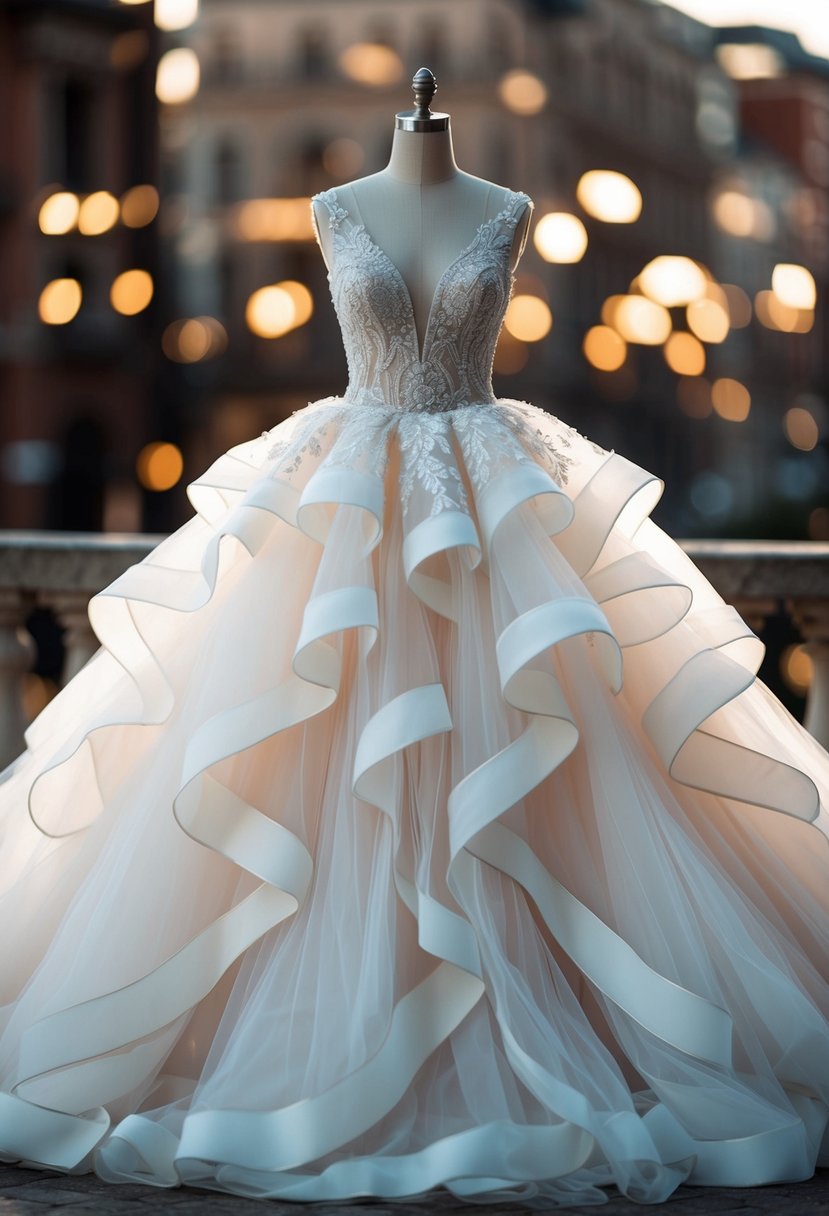 A voluminous tulle wedding dress with cascading layers and intricate embroidery