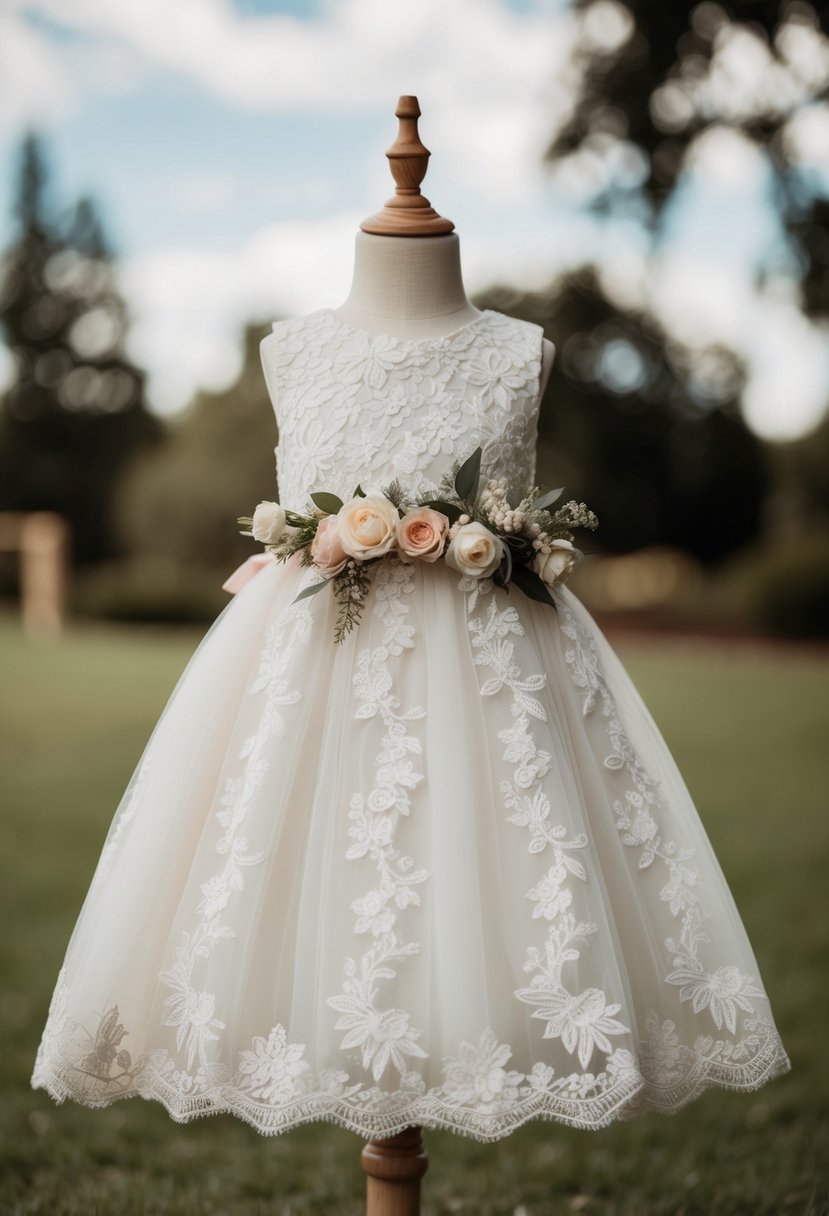 A delicate lace dress adorned with floral details, perfect for young flower girls at a wedding