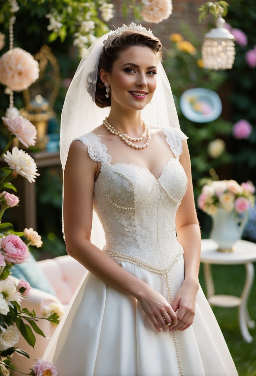 A bride in a 90s-inspired wedding dress, adorned with lace, pearls, and a sweetheart neckline, stands in a garden surrounded by vintage decor and pastel flowers