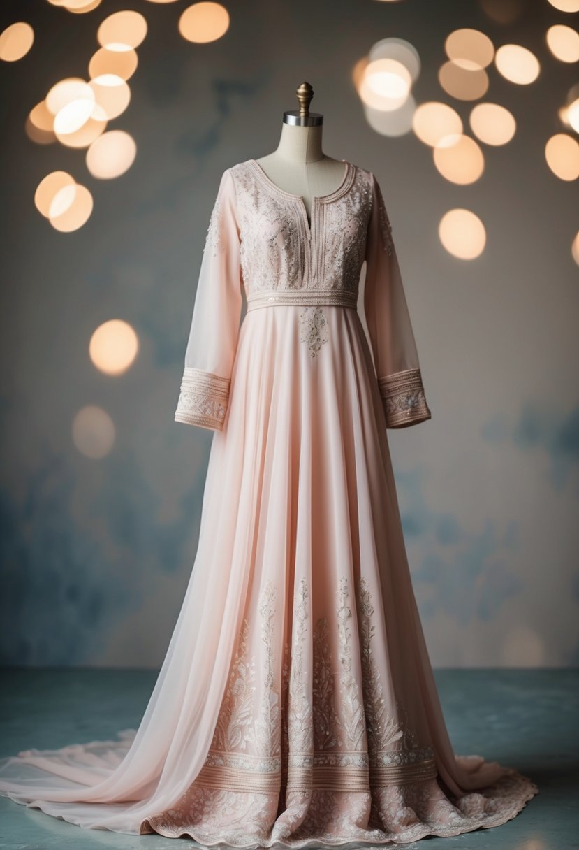 A flowing pastel-hued Arab wedding dress adorned with delicate embroidery, set against a backdrop of muted tones and soft lighting